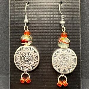 Handmade Sun Disc with Clear Red & Orange Glass Bead Earrings by Neanie-Bot